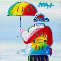 Painting of a rainbow colored figure holding an umbrella