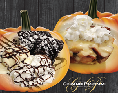Pictures of a fudge brownie sundae & bread pudding placed over pumpkins
