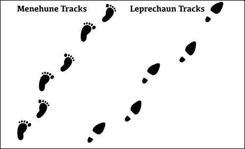 Menehune tracks showing mini footprints and leprechaun tracks showing pointed shoe prints