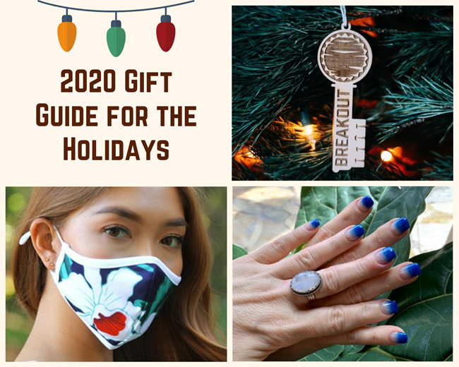 Header collage with the words 2020 Gift Guide for the Holidays under a string of cartoon holiday lights and featuring 3 photos: a model wearing a floral Crazy Shirts face mask, two hands showing off a blue gradient manicure, and a wooden Breakout Waikiki key ornament hanging on a tree.