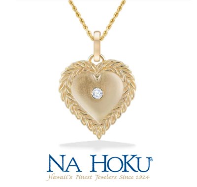 Gold, heart-shaped pendant with a diamond at the center.