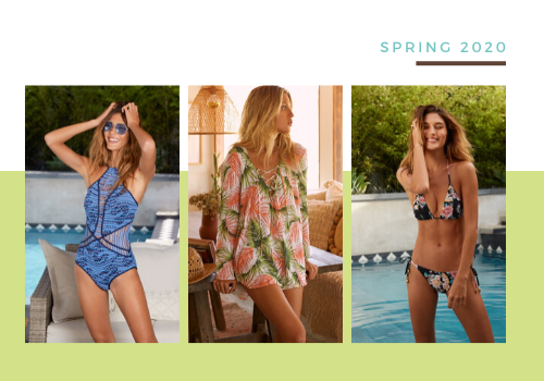 Spring swimwear collage featuring 3 models wearing a bright blue one piece, floral green & orange cover up, & a black floral 2-piece bikini.