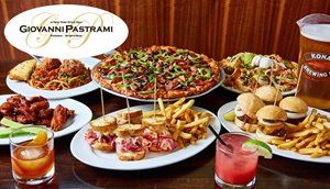 Spread of burgers, pastrami sandwiches, chicken wings, pasta, pizza, beer & cocktails