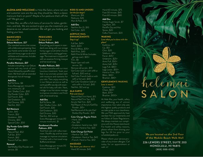 Hele Mai salon menu of nail, massage, & waxing services in Waikiki, HI