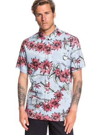 Light blue button-up shirt with Hawaii holiday motifs such as red poinsettia flowers & a surfing Santa.