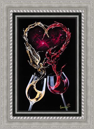 Painting of 2 wine glasses, one white and one red. Each glass of wine is splashing upward into a heart shape.