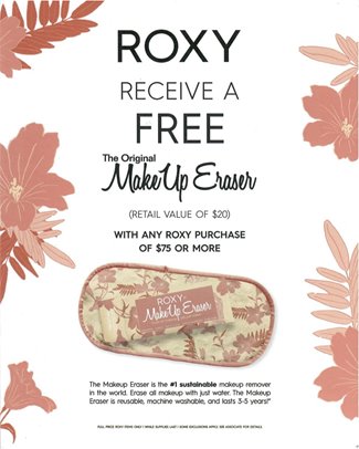 Roxy MakeUp Eraser gift with purchase promotional flyer for Waikiki Quiksilver location.