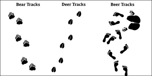 Bear tracks, deer tracks, & beer tracks, which illustrates human footprints in random places followed by an imprint of a person sitting