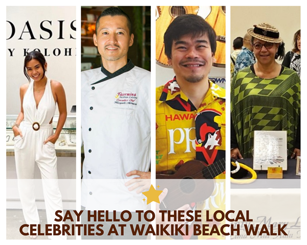 Photo collage of Rose Wong (Kolohe CEO) wearing a white jumpsuit & posing with hands in her pockets; Chef Hiroyuki Mimura in a white Taormina chef's coat; Tyler Gilman (owner of The Ukulele Store) posing with an ukulele & wearing a yellow collared shirt; & Mele Kahalepuna Chun in a green dress standing behind a table with feather lei on it.