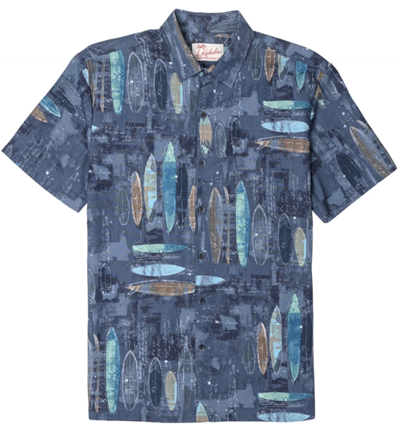 Indigo blue aloha shirt with surfboard design by Kahala for Waikiki Beach Walk's 2021 father's day giveaway