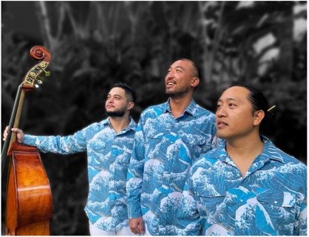 Three men wearing matching blue aloha shirts