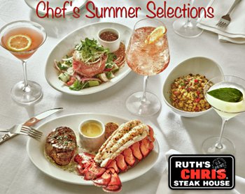 Summer menu highlights at Ruth's Chris Steakhouse, featuring a chef with colorful dishes and fresh ingredients on display