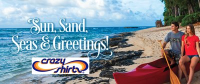 Couple sitting on a kayak at the beach next to a caption that reads "Sun, Sand, Seas, & Greetings!"