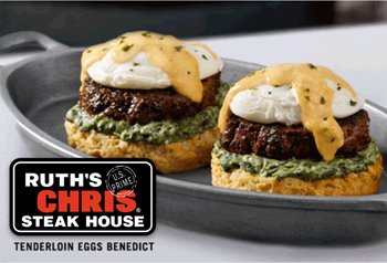 Ruth's Chris steak house dish: tenderloin eggs Benedict with filet medallions, creamed spinach, and poached eggs.